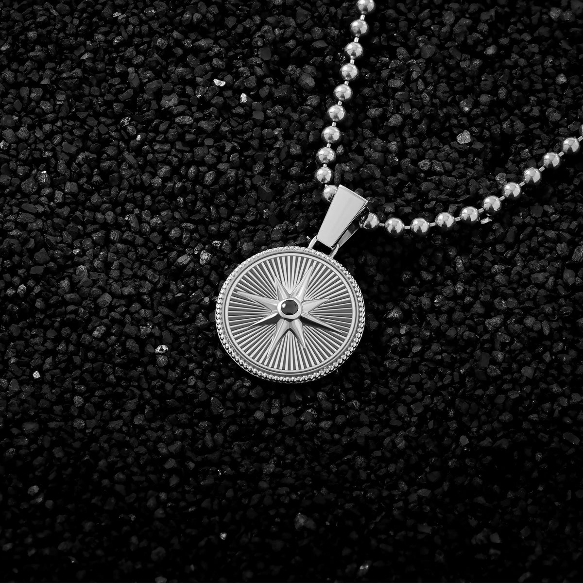 Solid Silver Sunburst Design Compass Pendant