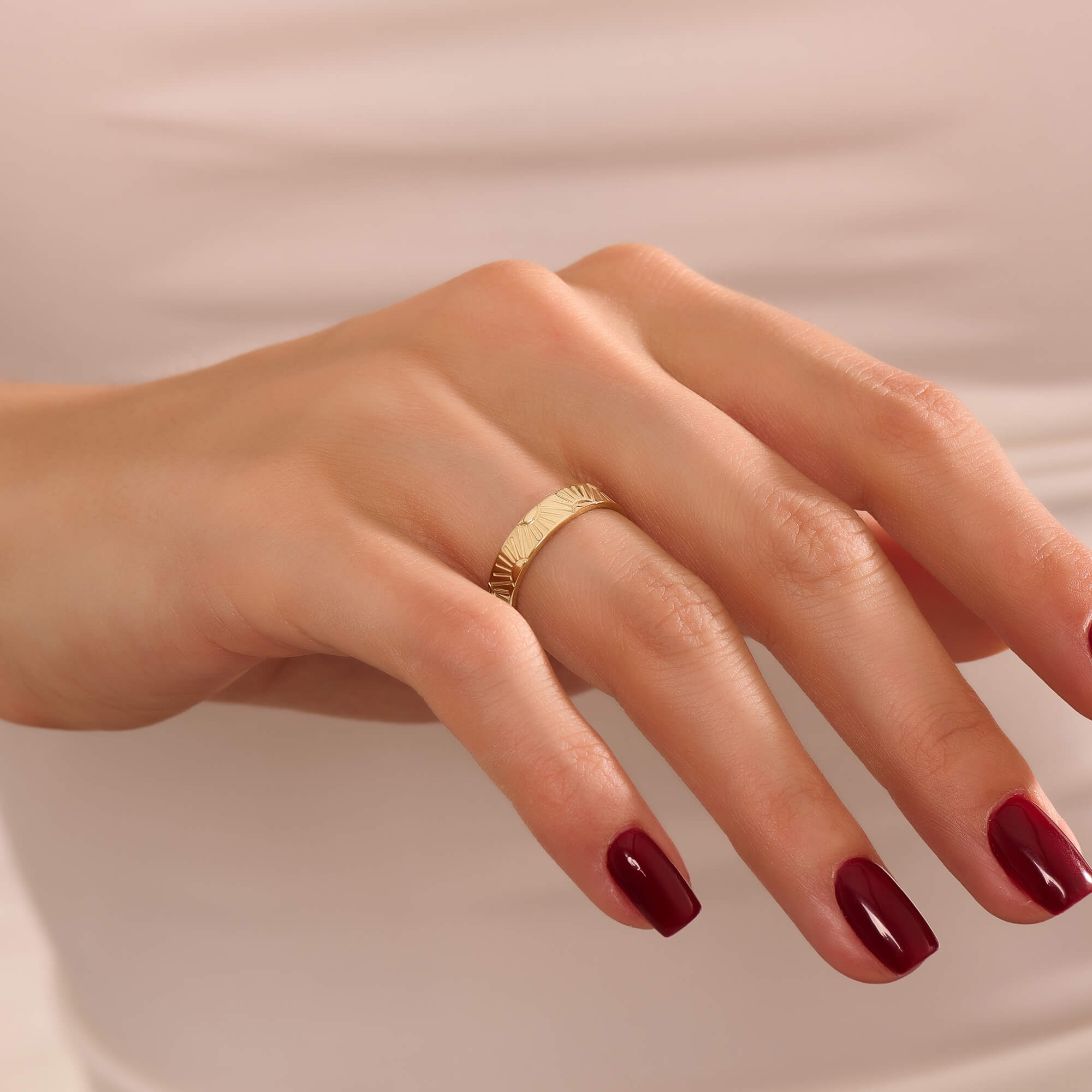 Women's Sunrise Pattern Band Ring in Solid Yellow Gold