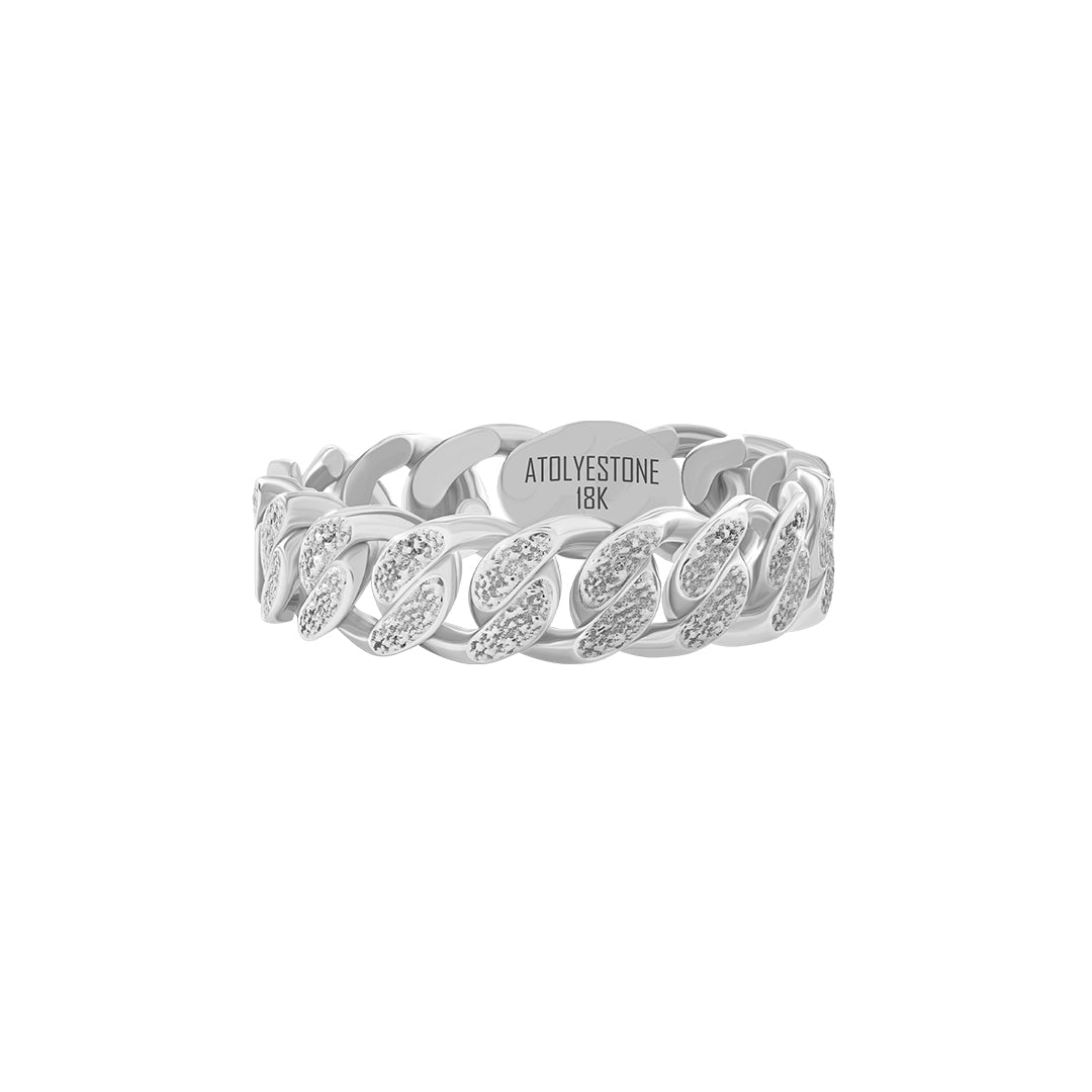 Textured Cuban Link Band Ring in Solid White Gold