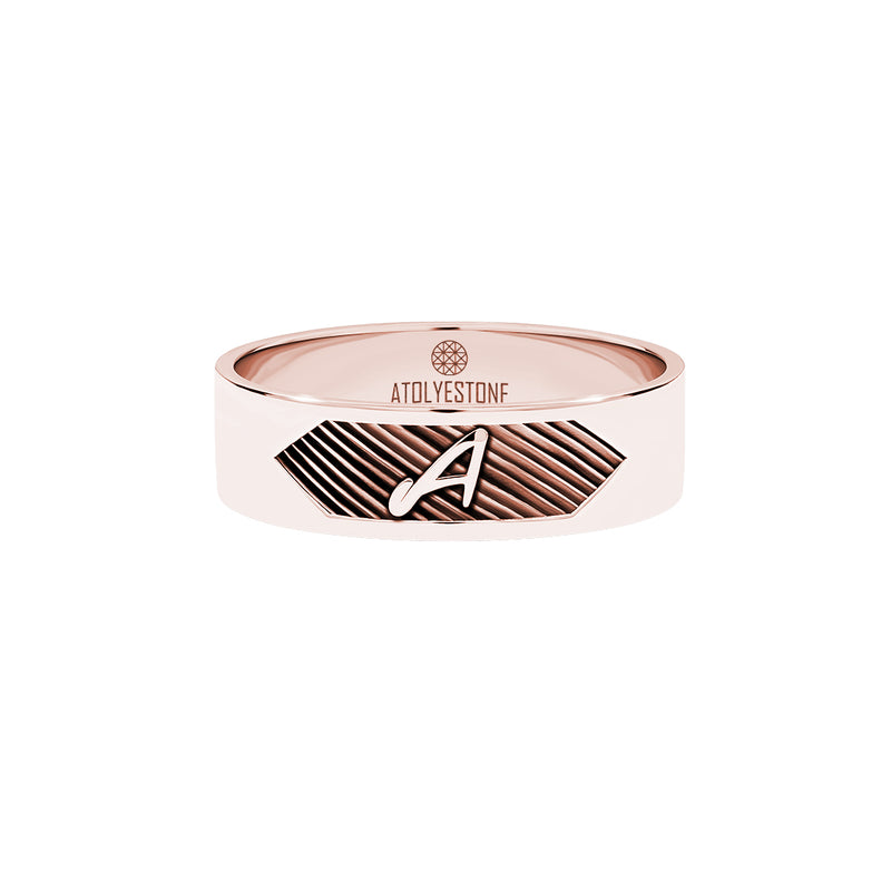 Men's Texture and Letter Band Ring in Solid Rose Gold - Atolyestone