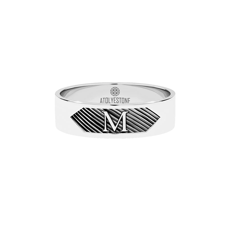 Atolyestone Men's Texture and Letter Band Ring in Solid White Gold