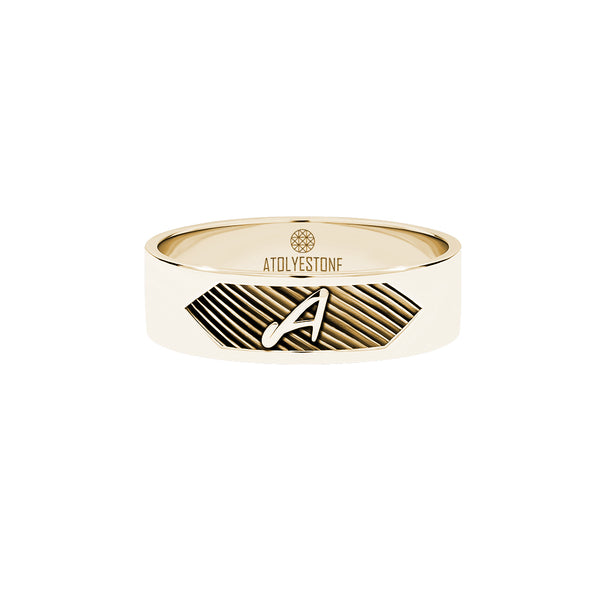 Men's Texture and Letter Band Ring in Solid Yellow Gold - Atolyestone