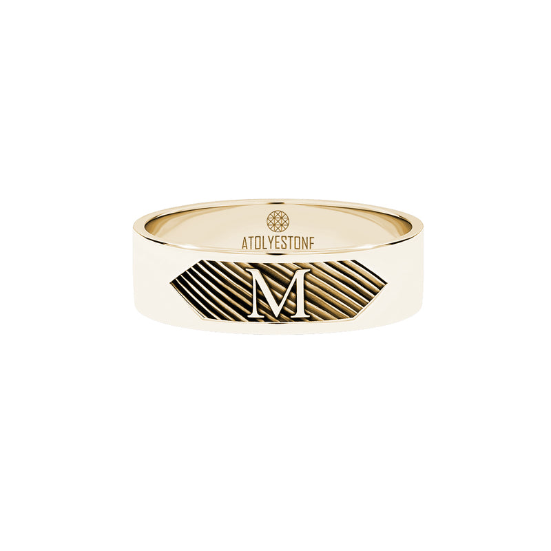 Atolyestone Men's Texture and Letter Band Ring in Solid Yellow Gold