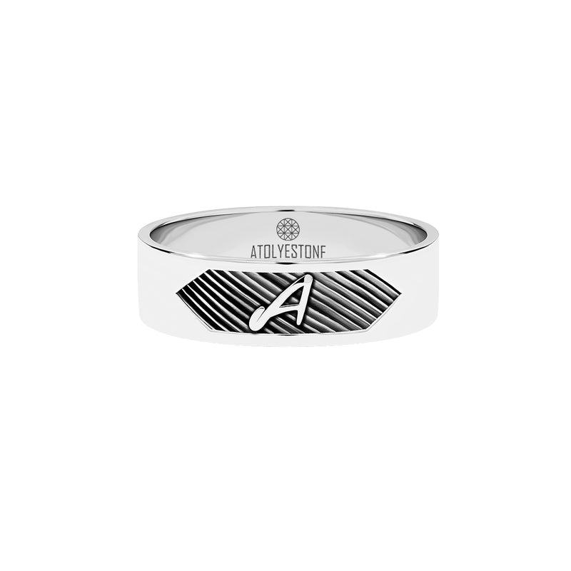 Men's Texture and Letter Band Ring in Solid White Gold - Atolyestone