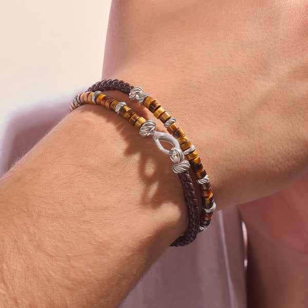 Tiger Eye Heishi Beads and Brown Leather Wrap Bracelet