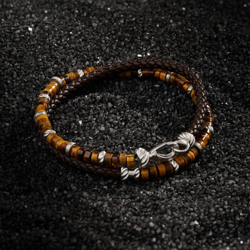 Tiger Eye Heishi Beads & Leather Wrap Bracelet in Silver
