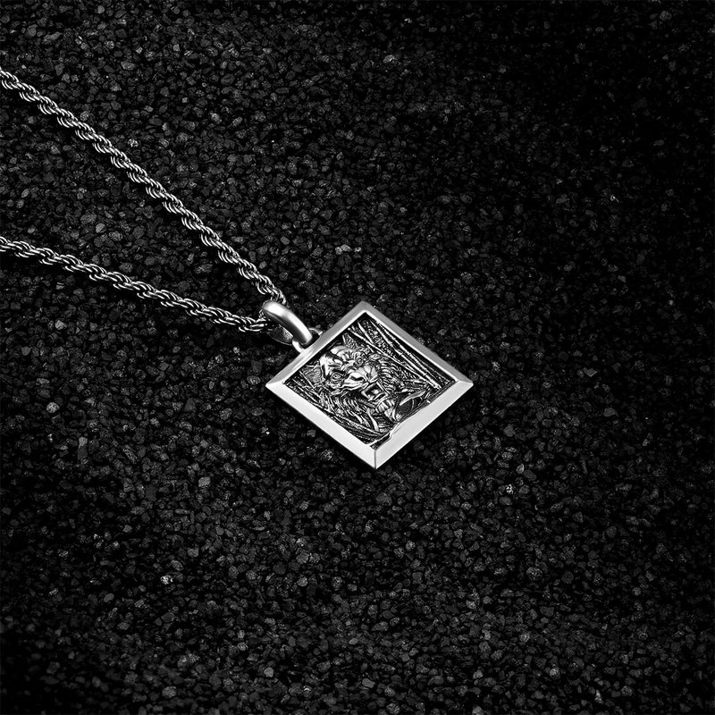 925 Sterling Silver Tiger Carved Square Necklace