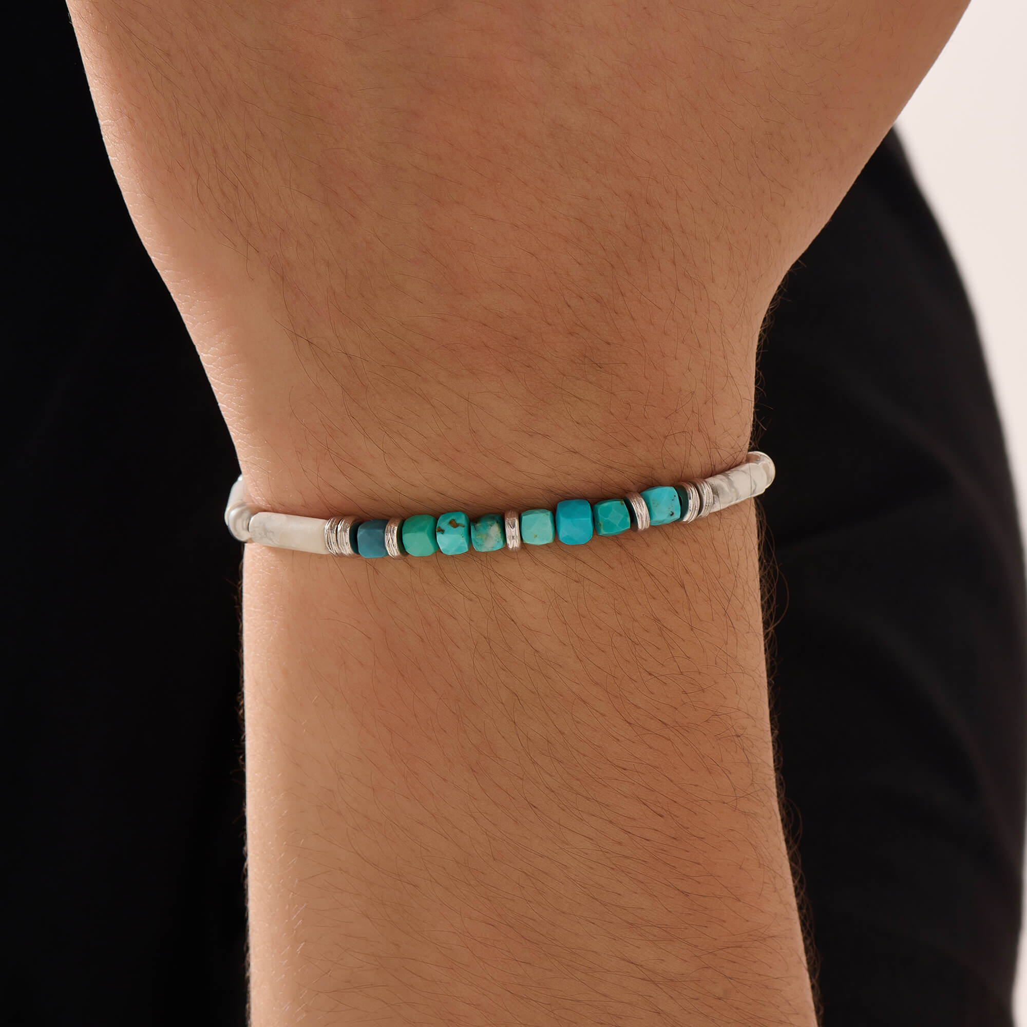Men's 925 Solid Silver Turquoise & Howlite Tube Bracelet