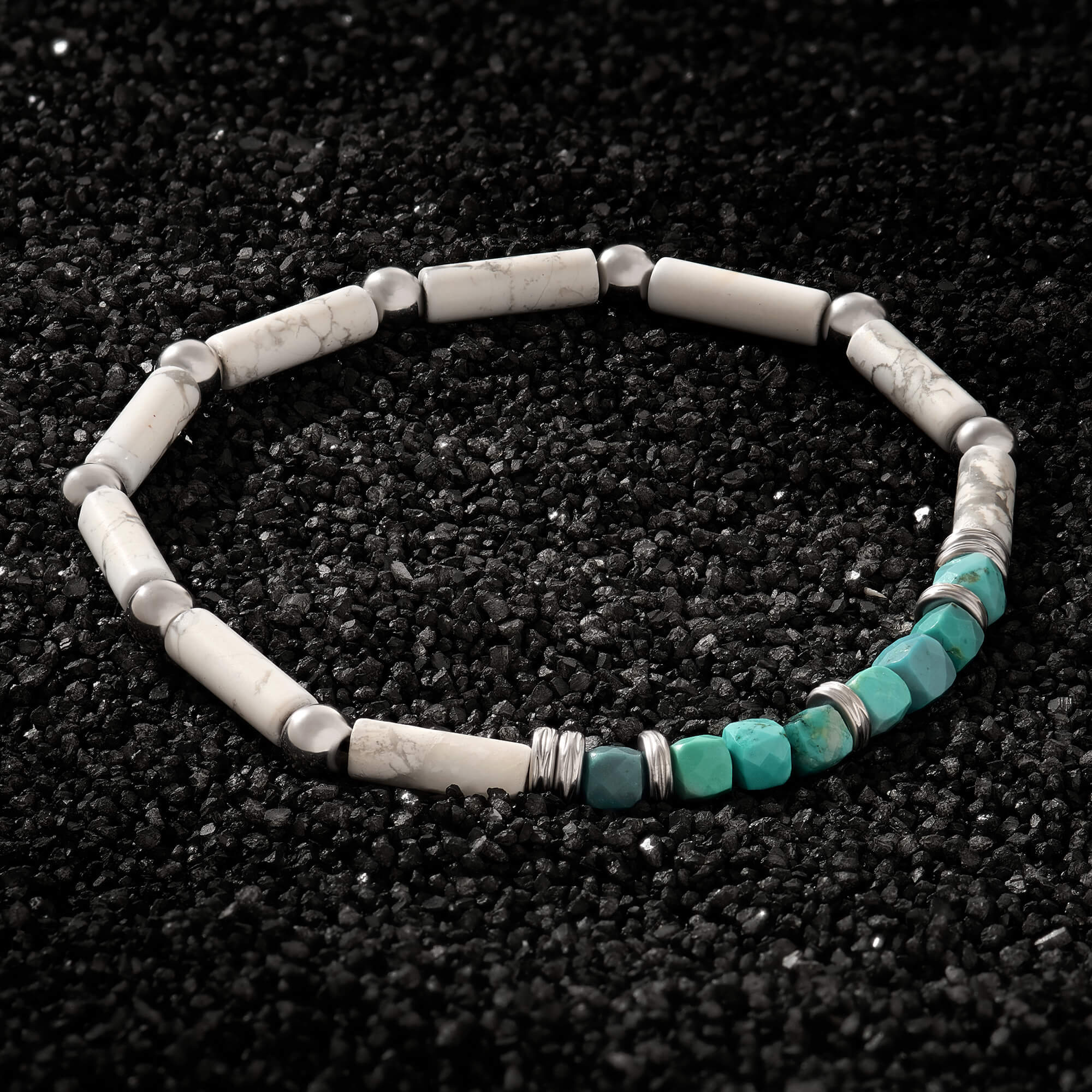 Turquoise & Howlite Tube Beads Bracelet in 925 Silver