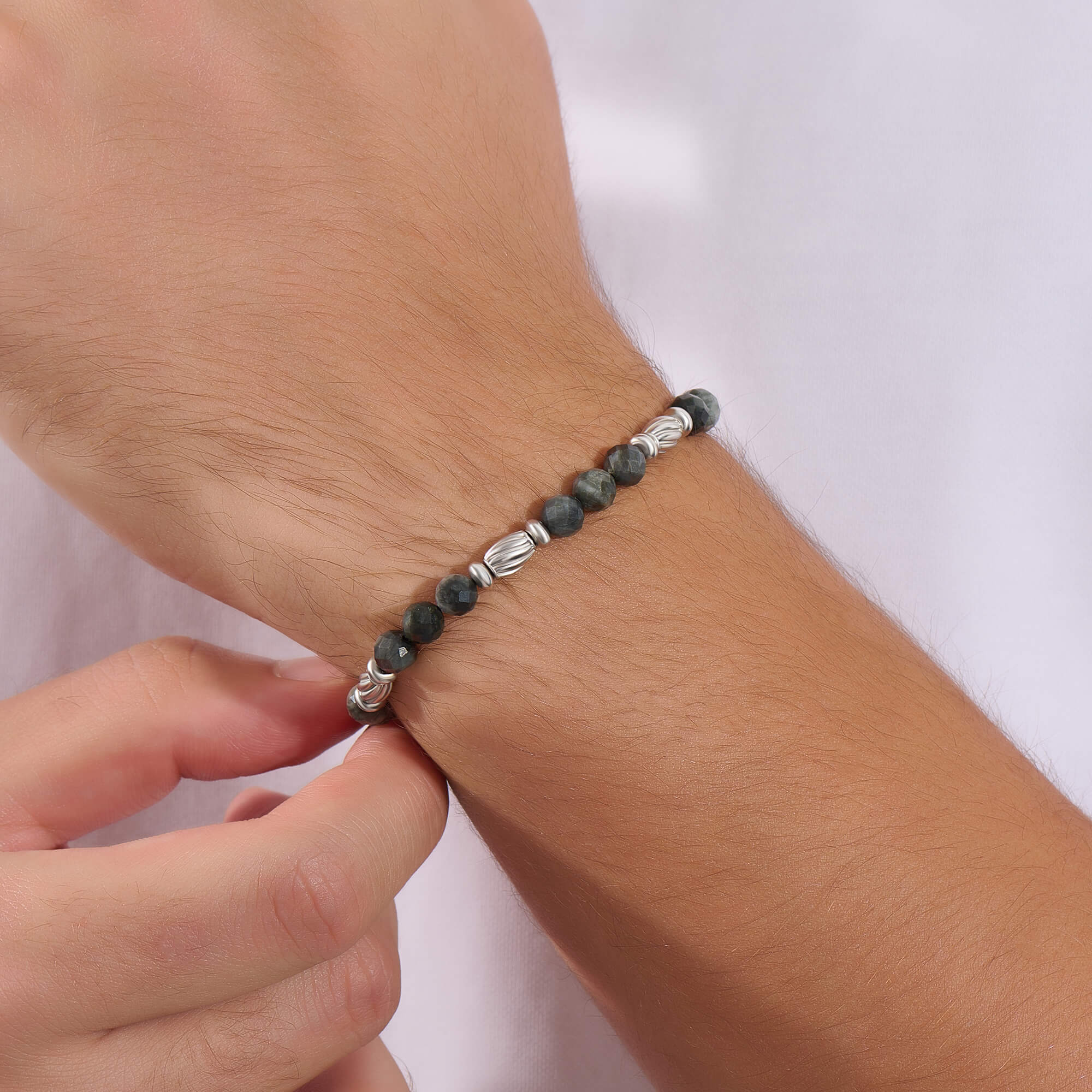 Men's Beaded Faceted Bracelet - Eagle Eye & Silver