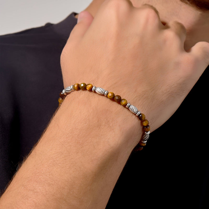 Men's Twist Faceted Beaded Bracelet in Solid Silver - Tiger Eye