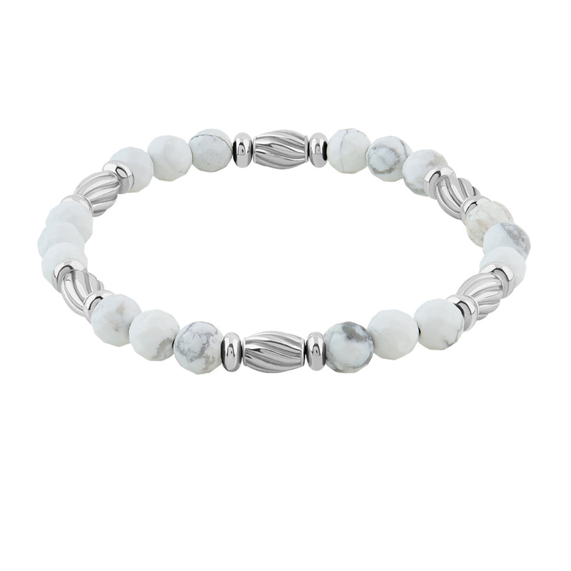 Men's Faceted Beads Bracelets with Silver Stoppers - Howlite & Silver