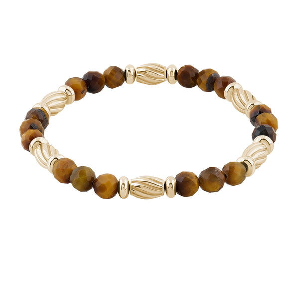 Men's Faceted Beads Bracelets with Silver Stoppers - Tiger Eye & Yellow Gold