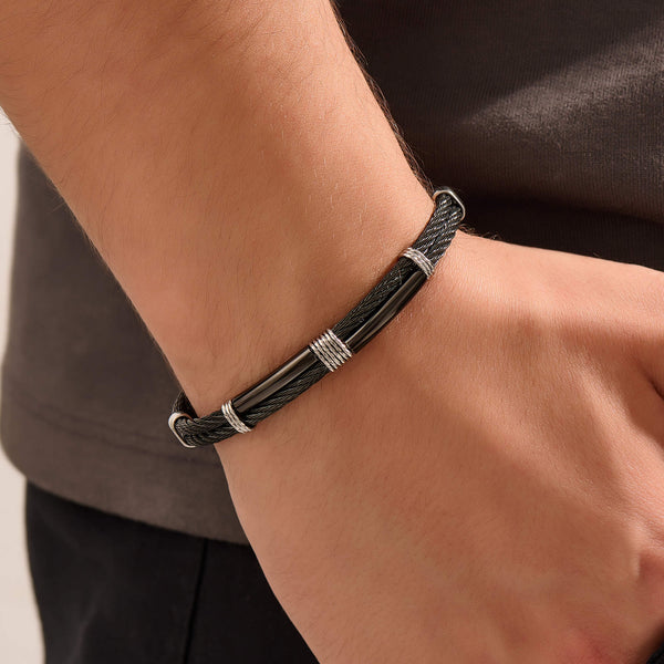 Atolyestone Vortex Black Steel Cable Bracelet for Men