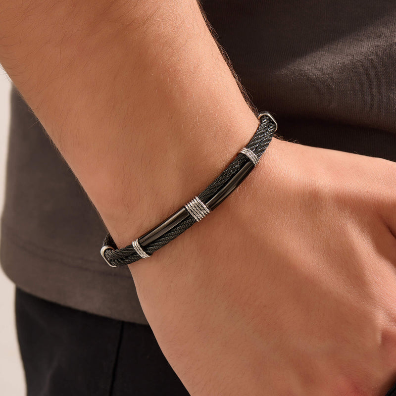 Atolyestone Vortex Black Steel Cable Bracelet for Men