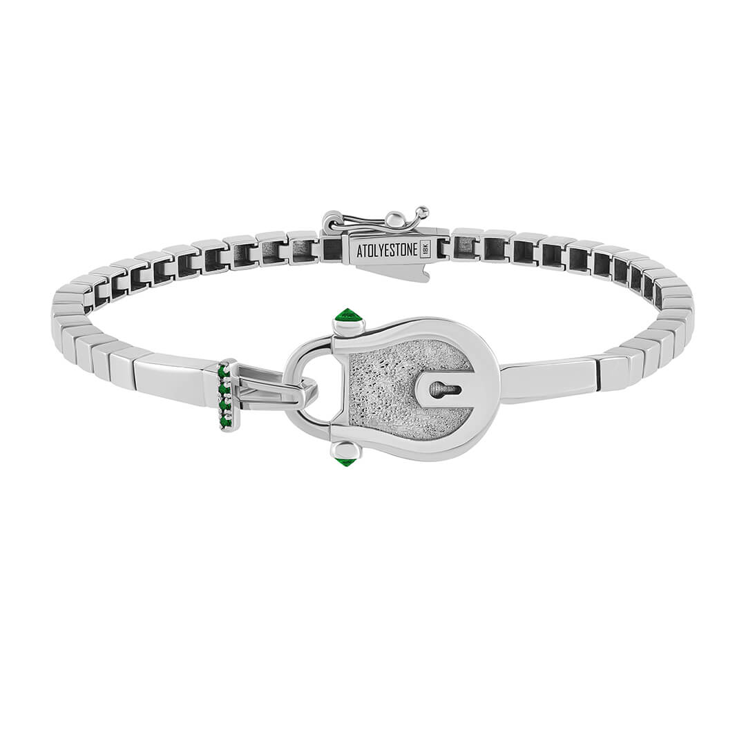 Lock Chain Bracelet in Solid White Gold - Emerald