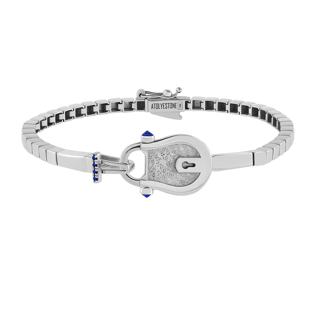 Lock Chain Bracelet in Solid White Gold - Sapphire
