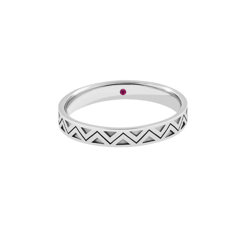Real Gold Zigzag Band Ring with Ruby Detail - White Gold
