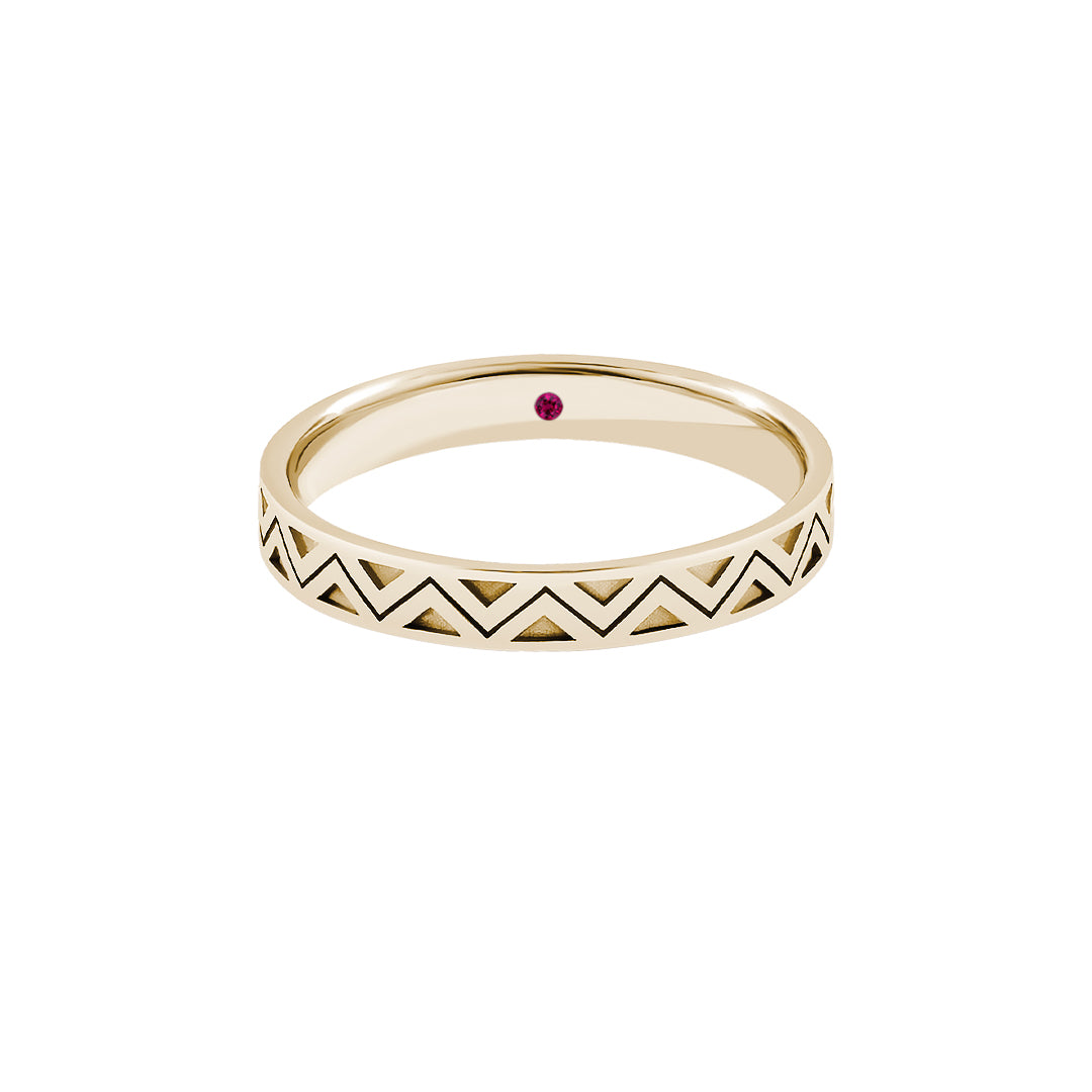 Real Gold Zigzag Band Ring with Ruby Detail - Yellow Gold