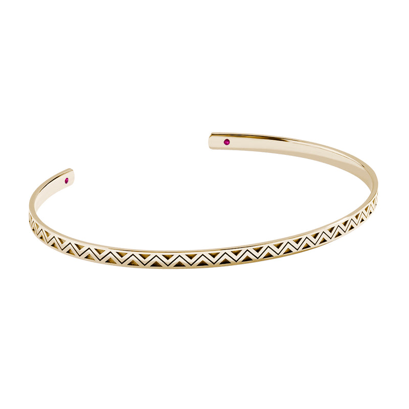 Men's Solid Gold Zigzag Cuff Bracelet with Ruby Details - Yellow Gold