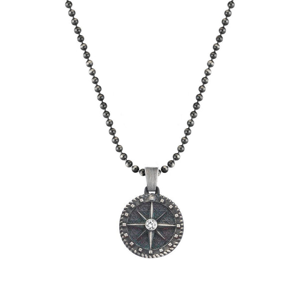 Mens Compass Necklace - White Diamond 
