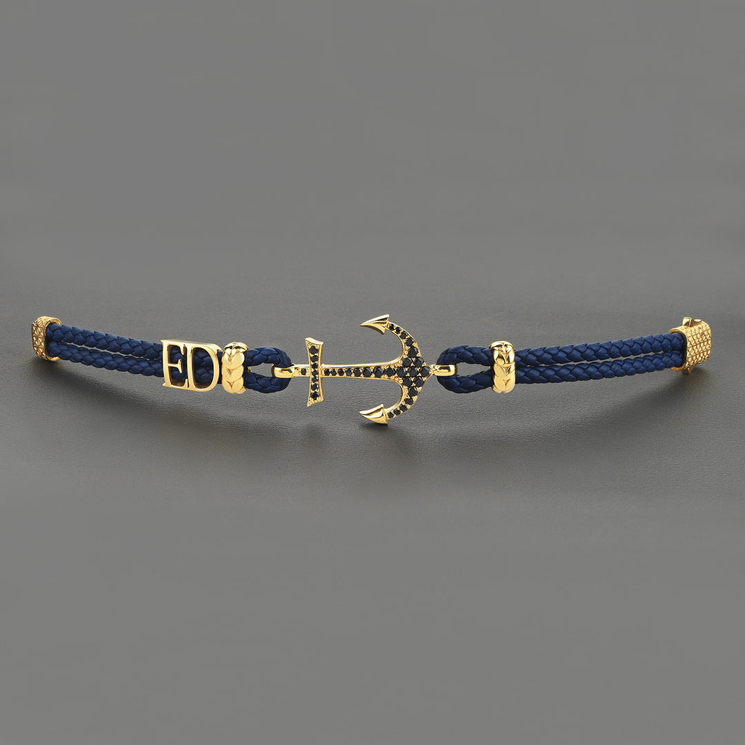 Statements Anchor Leather Bracelet - Yellow Gold - Blue Leather