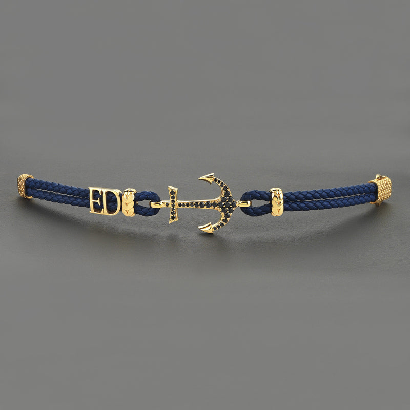 Statements Anchor Leather Bracelet - Yellow Gold - Blue Leather