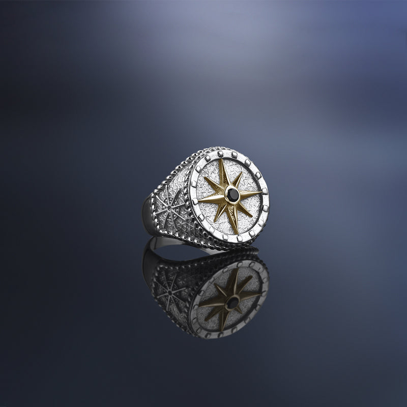 Mens Compass Ring With Solid Gold - Yellow Gold