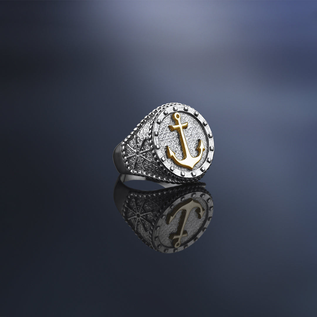 Mens Sailor's Anchor Ring With Solid Gold