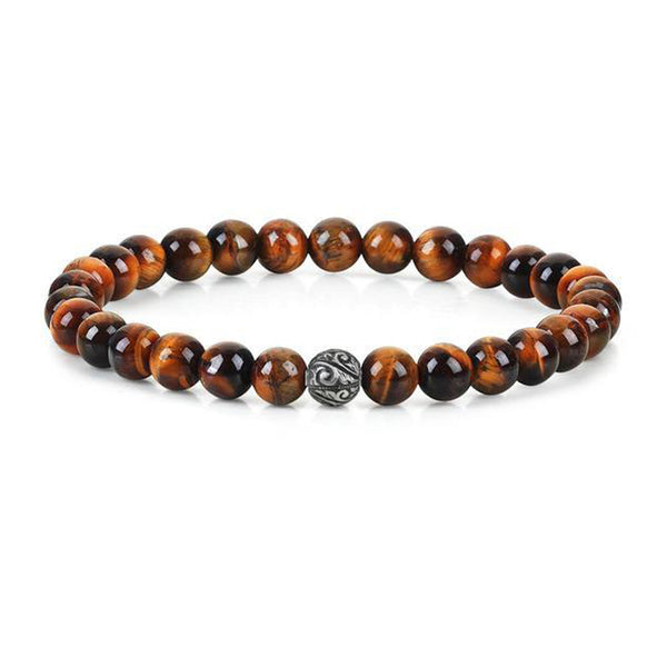 Mens Classic Beaded Bracelet - Silver - Tiger Eye