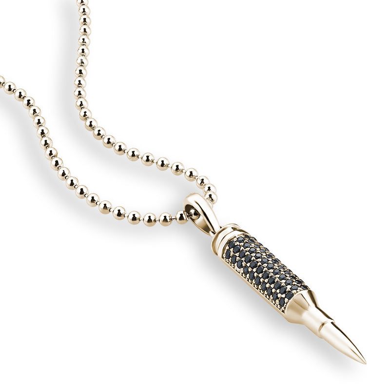 Men's Real Yellow Gold Bullet Pendant Paved with Black Stones