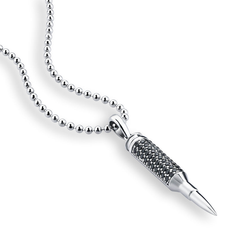 Men's Black CZ Paved Bullet Design Pendant Necklace in 925 Sterling Silver