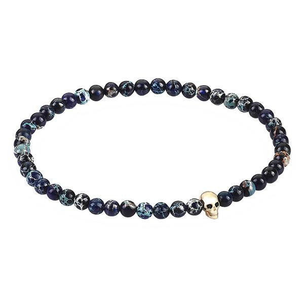 Women's MicroSkull & Genuine Black Diamonds - Solid Yellow Gold - Imperial Jasper