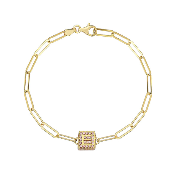 Women's Customizable Initial Cube Link Chain Bracelet in Silver - Yellow Gold