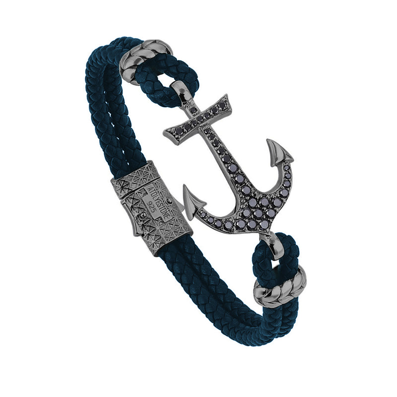 Anchor Leather Bracelet - Gunmetal - Navy Leather