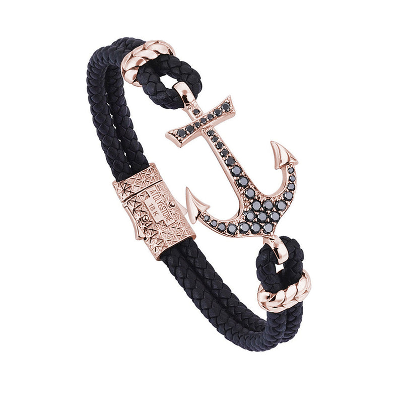 Anchor Leather Bracelet - Solid Rose Gold - Rose Gold - Paved Black Diamond