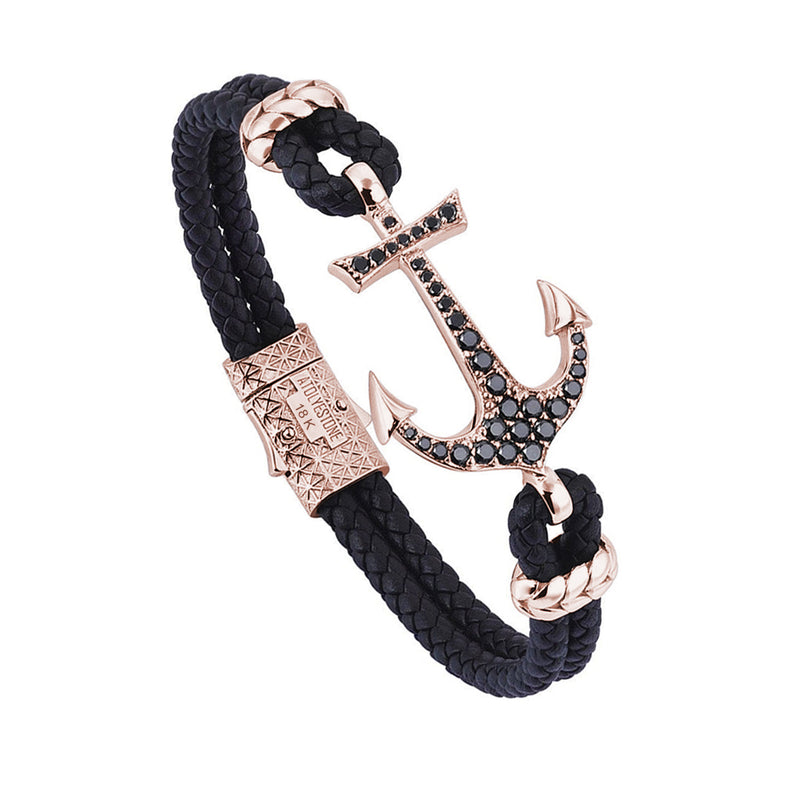 Anchor Leather Bracelet - Solid Rose Gold - Black Leather - Paved Cubic Zirconia