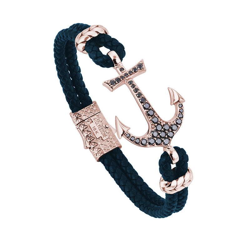 Anchor Leather Bracelet -Solid Rose Gold - Navy Nappa - Black Diamond