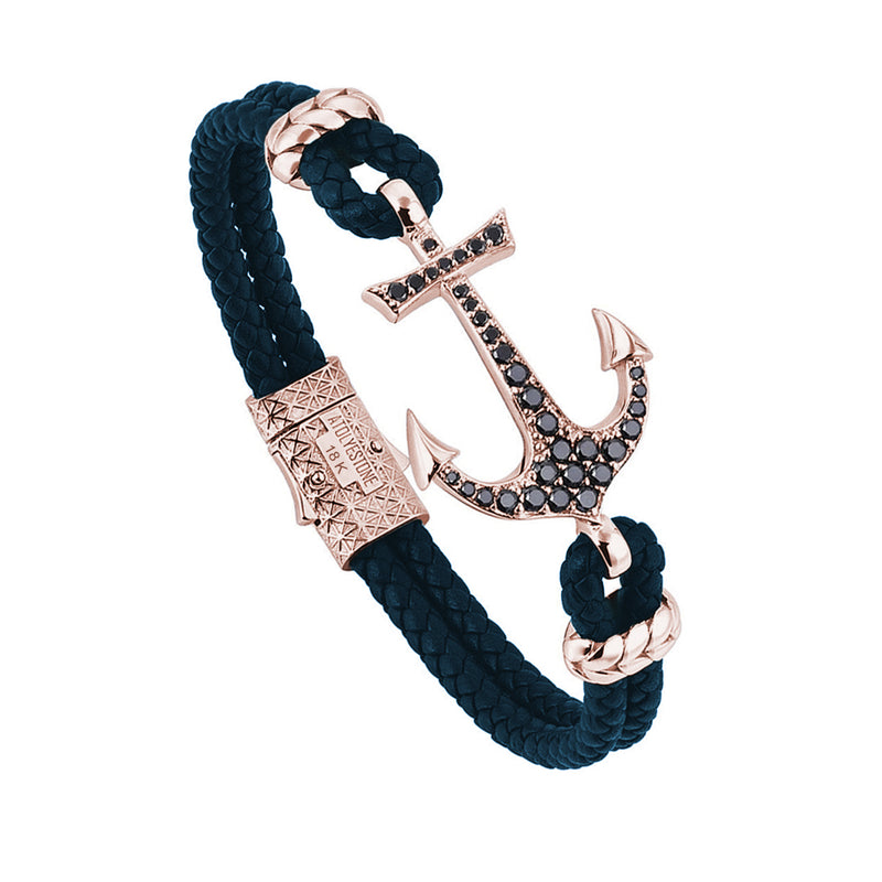 Anchor Leather Bracelet -Solid Rose Gold - Navy Nappa - Cubic Zirconia