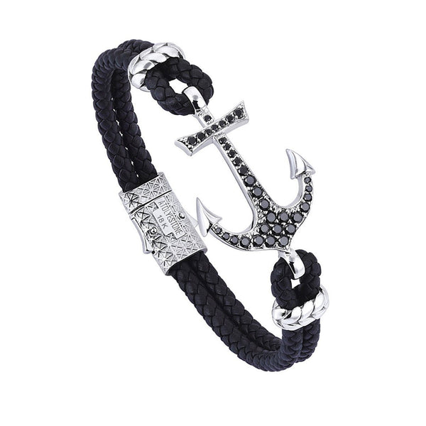 Anchor Leather Bracelet - Solid White Gold - Black Leather - Cubic Zirconia