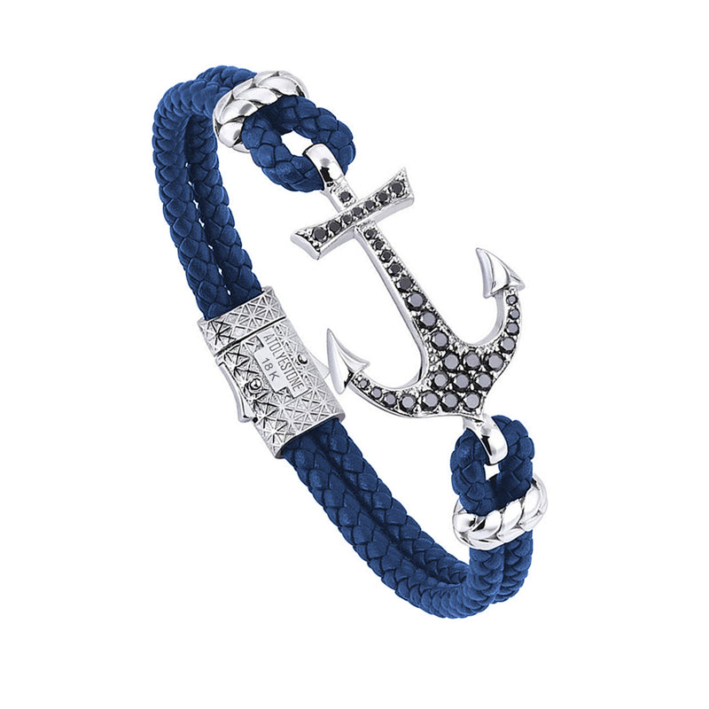 Anchor Leather Bracelet - Solid White Gold - Blue Leather - Black Diamond