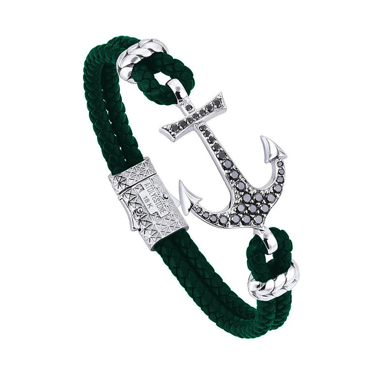 Anchor Leather Bracelet - Solid White Gold - Dark Green Leather - Black Diamond