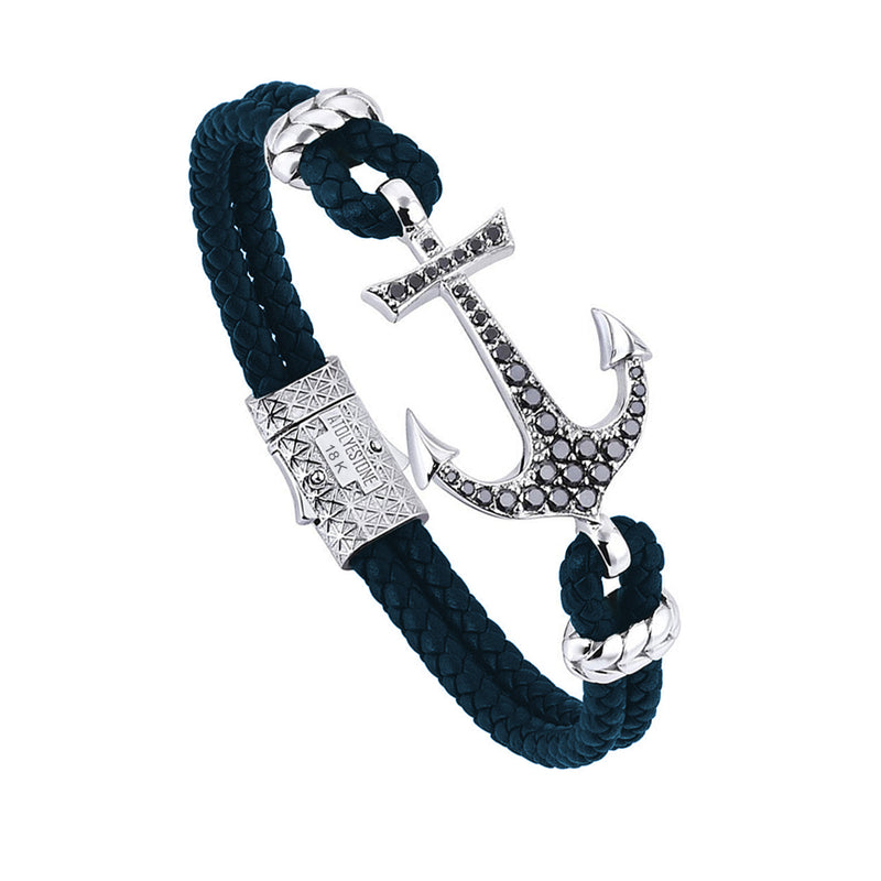 Anchor Leather Bracelet - Solid White Gold - Navy Nappa - Black Diamond
