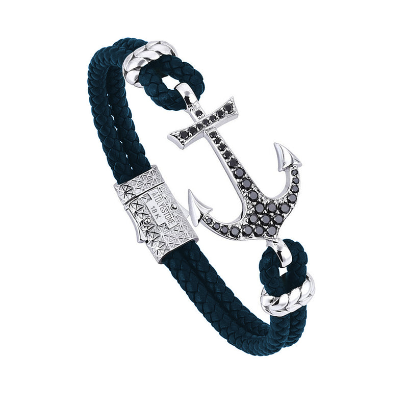 Anchor Leather Bracelet - Solid White Gold - Navy Nappa - Cubic Zirconia