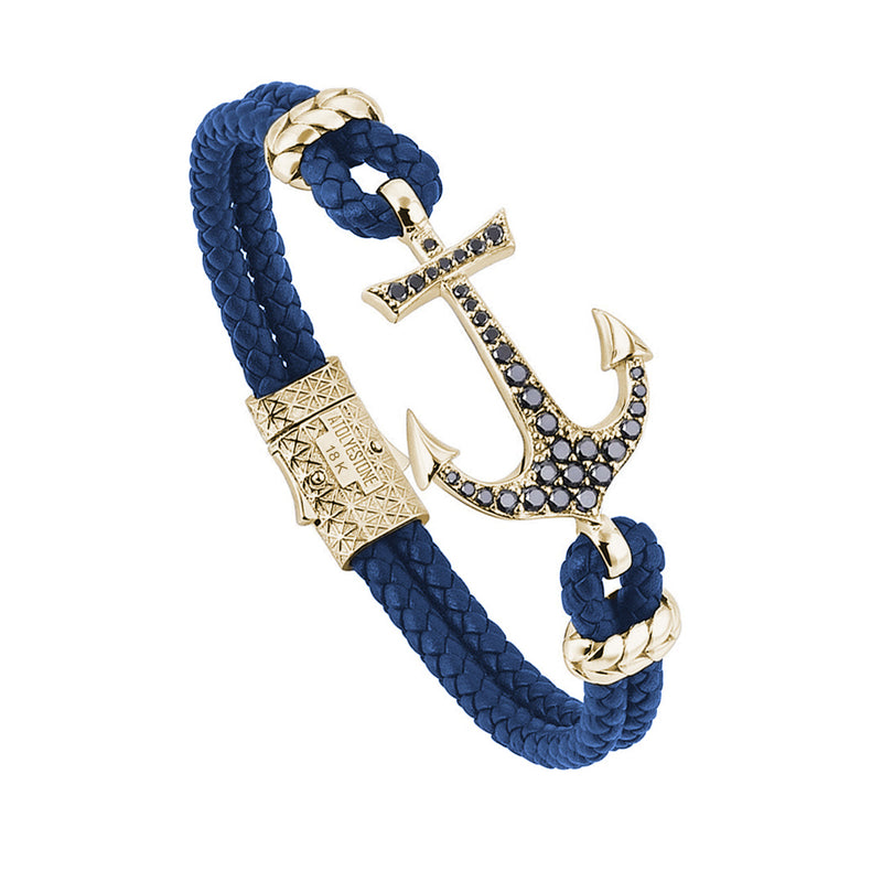 Anchor Leather Bracelet - Solid Yellow Gold - Blue Leather - Black Diamond