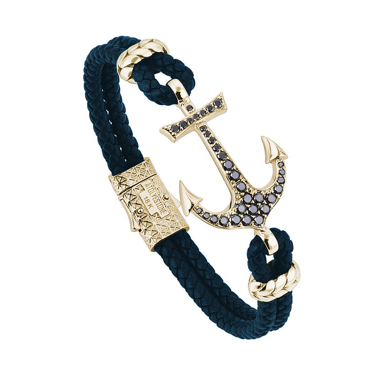 Anchor Leather Bracelet - Solid Yellow Gold - Navy Leather - Black Diamond