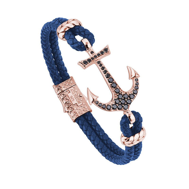Anchor Blue Leather Bracelet - Silver - Rose Gold