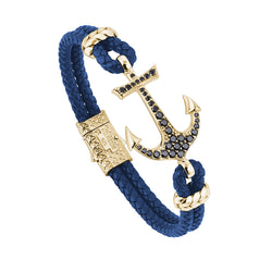 Blue Leather - Anchor Bracelet - Yellow Gold Plated 