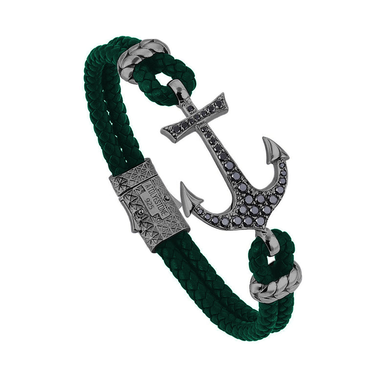 Anchor Leather Bracelet - Silver - Gunmetal - Dark Green Leather