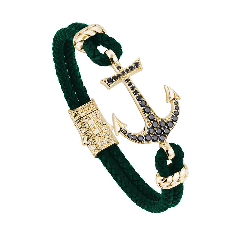Green Leather Anchor Bracelet - Yellow Gold Plated Silver